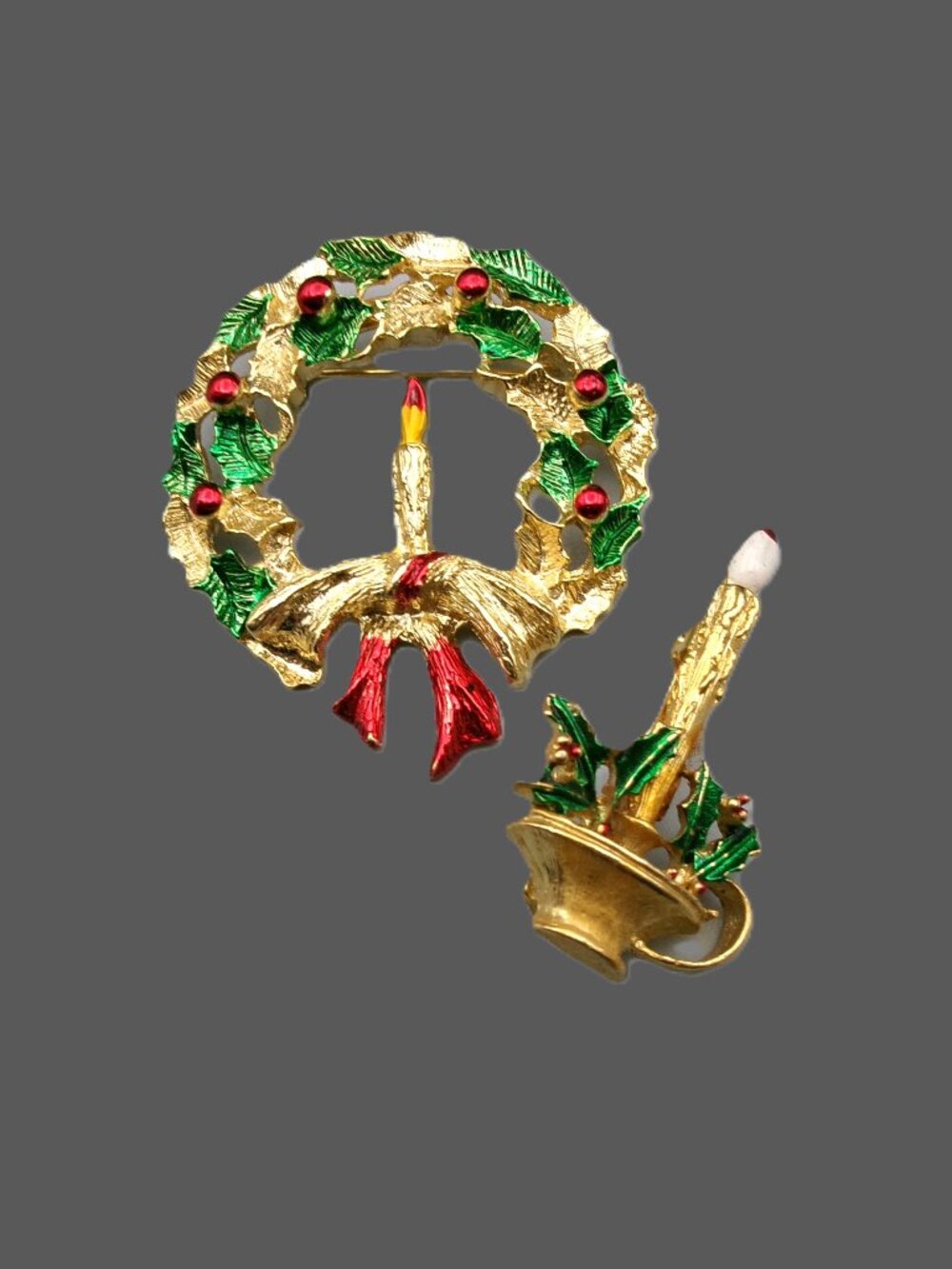 2 Gerry's Christmas Brooches, Wreath and Candle, Vintage Lot